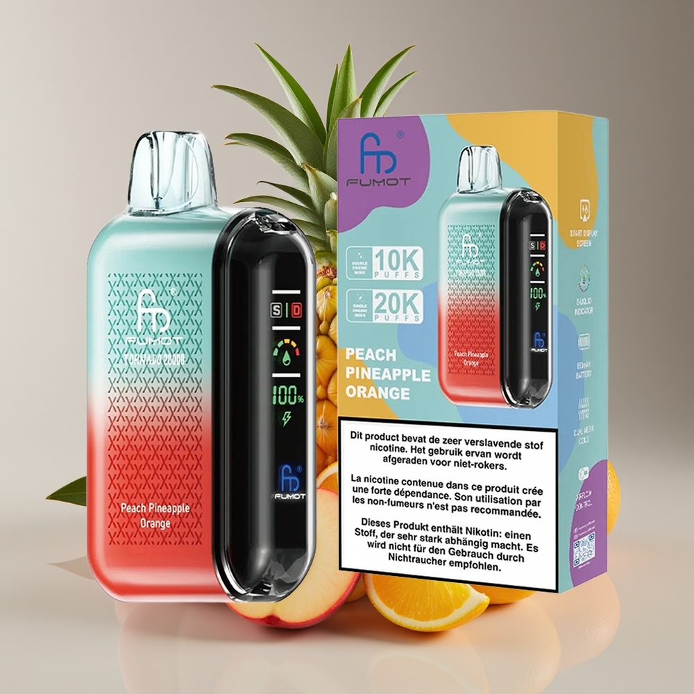 Fumot Tornado 20000 Puffs Dual Mesh Peach Pineapple Orange Rechargeable Display