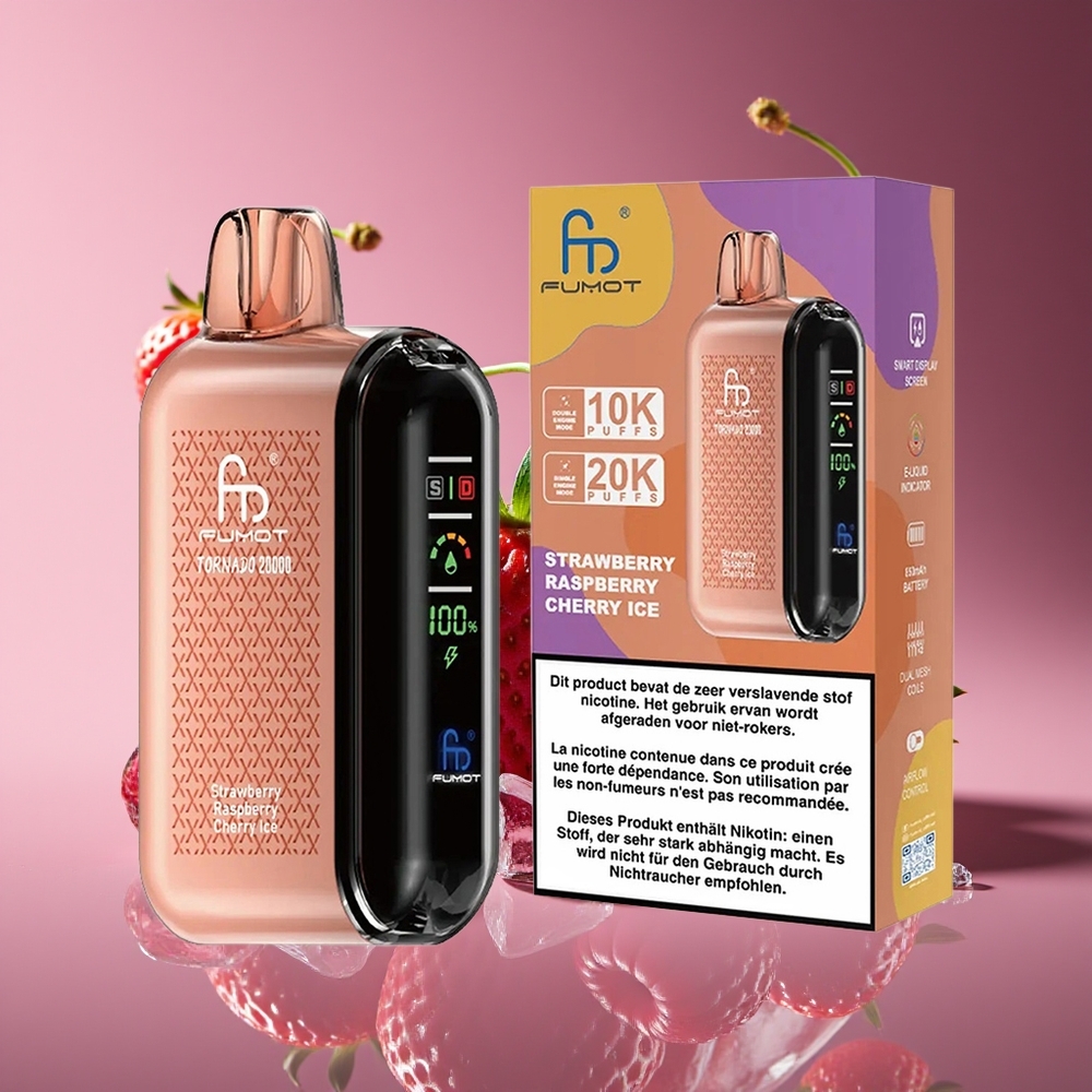 Fumot Tornado 20000 Puffs Strawberry Raspberry Cherry Ice Dual Mesh 20ml 850mAh Rechargeable