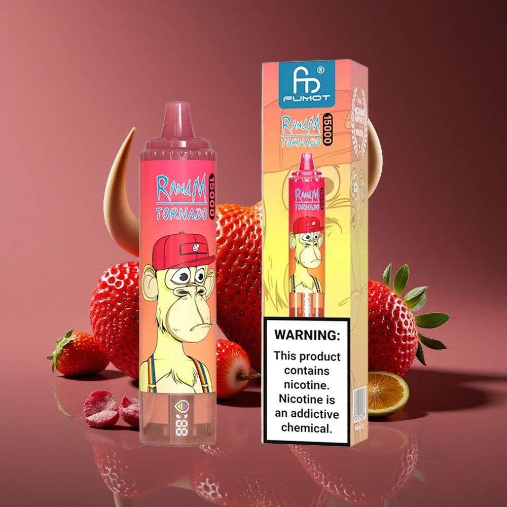 RandM Fumot Tornado 15000 Puffs 25ml 850mAh Mesh LCD Strawberry Red Bull Disposable Vape