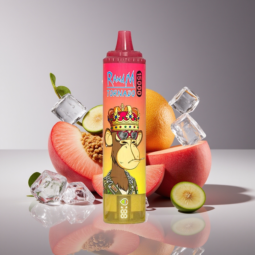 RandM Fumot Tornado 15000 Puffs 25ml 850mAh Mesh LCD Type-C Peach Ice Disposable Vape