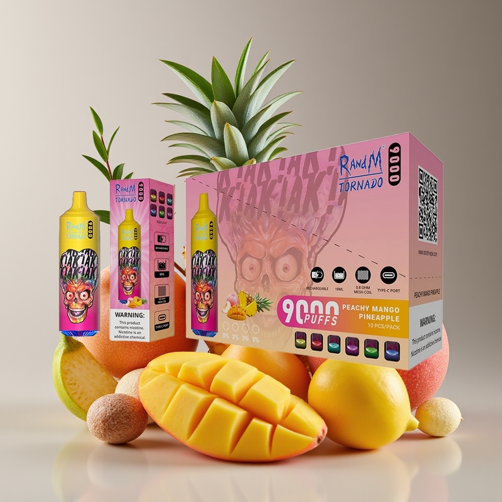 RandM Fumot Tornado 9000 Puffs 18mL 850mAh Mesh RGB Display Peachy Mango Pineapple Disposable Vape