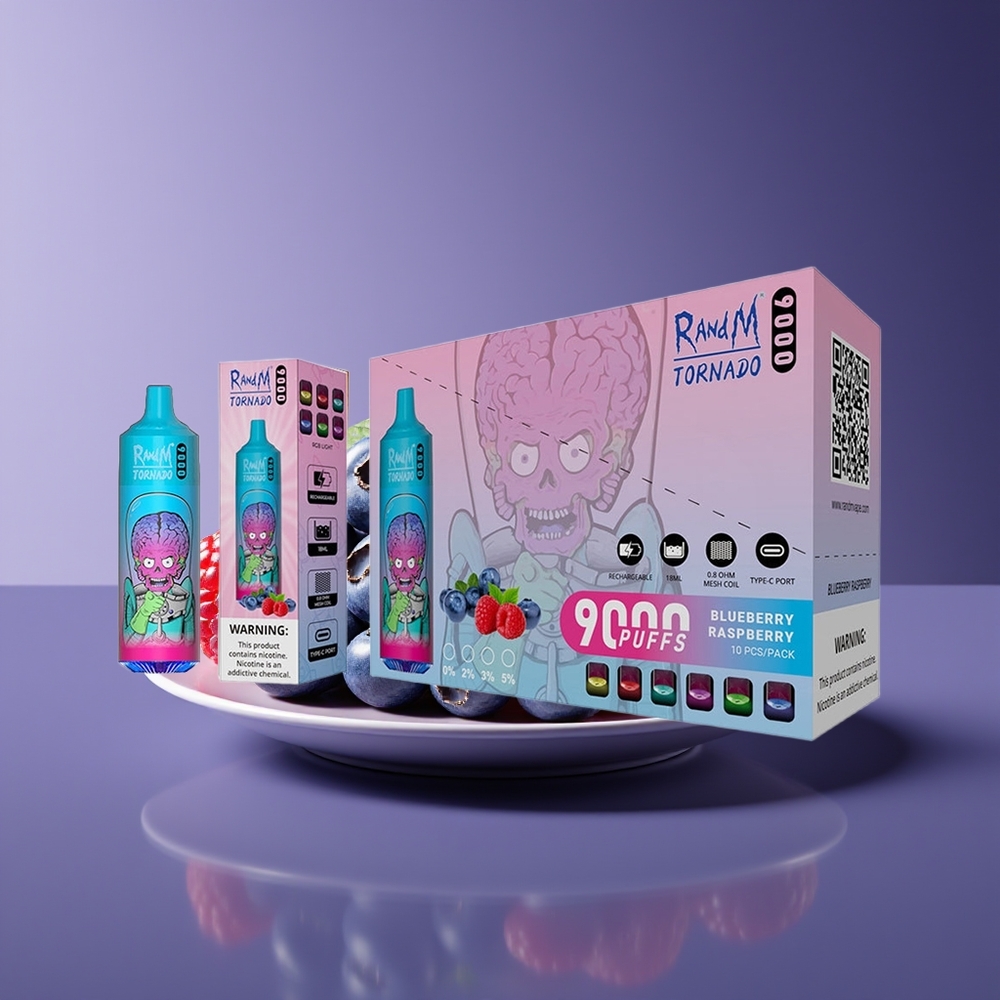 RandM Fumot Tornado 9000 Puffs 18mL Mesh Coil RGB Display Blueberry Raspberry Disposable Vape