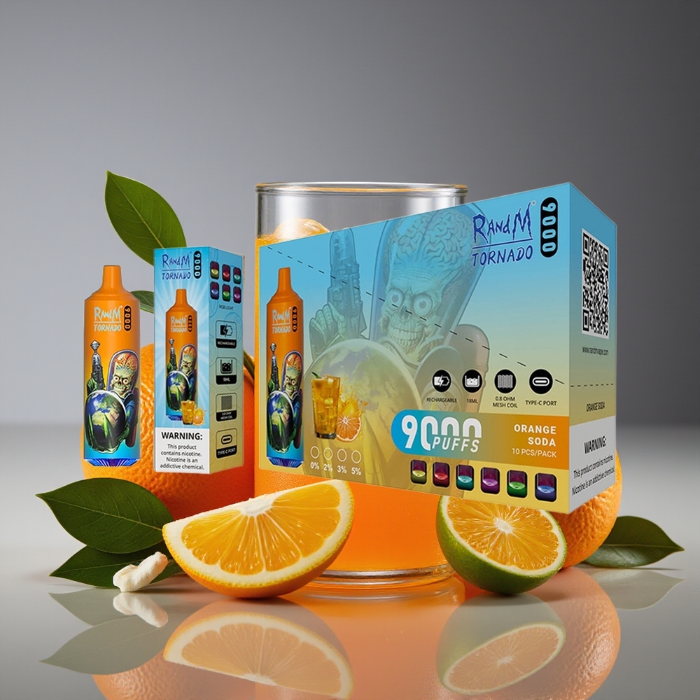 RandM Fumot Tornado 9000 Puffs 18mL Mesh RGB Disposable Vape Orange Soda