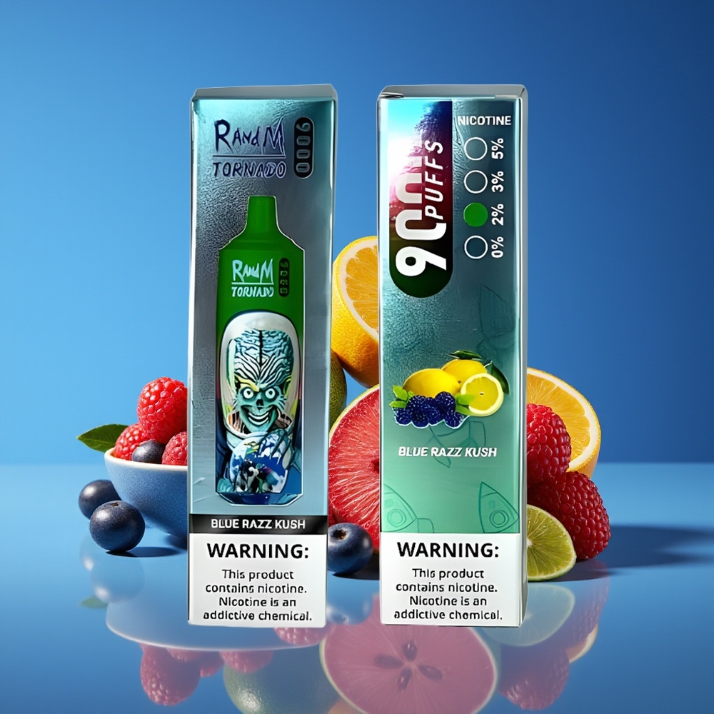 RandM Fumot Tornado 9000 Puffs 18mL Mesh Rechargeable RGB Display Blue Razz Kush