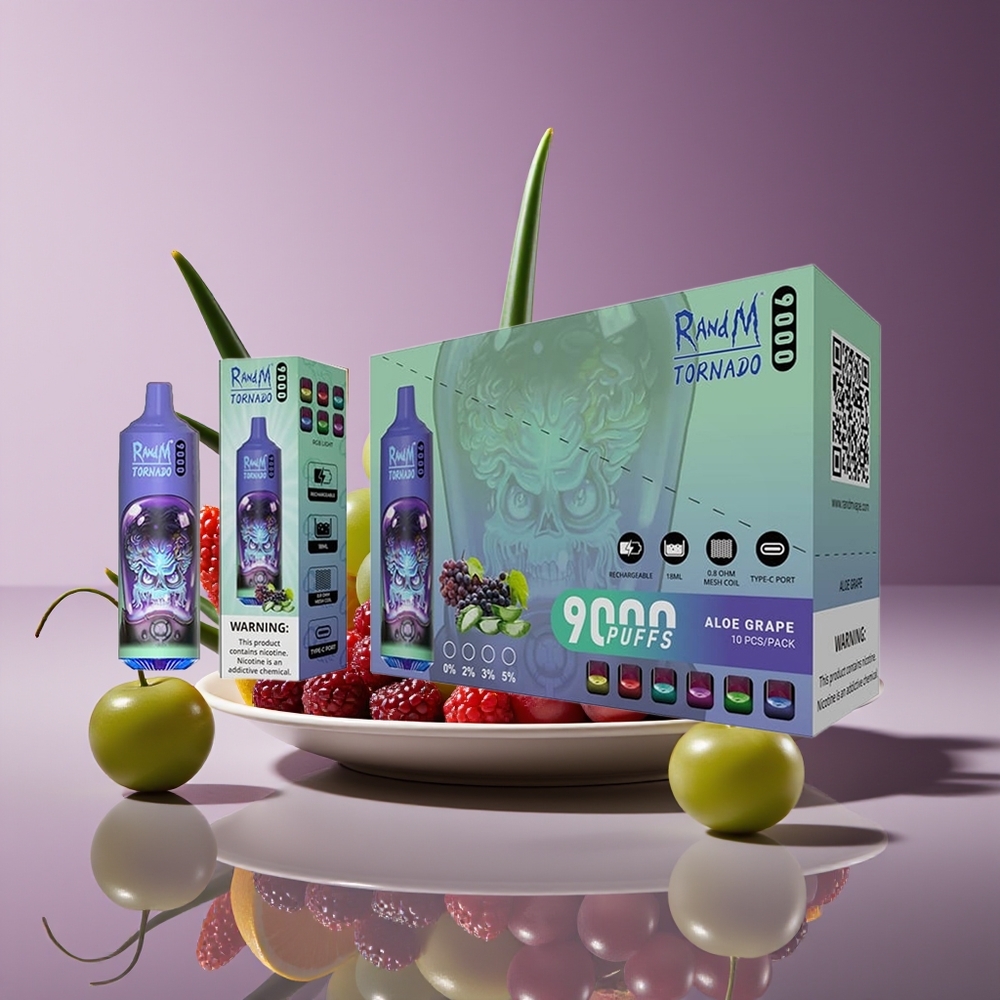 RandM Fumot Tornado 9000 Puffs Rechargeable 18mL Mesh RGB Aloe Grape Disposable Vape