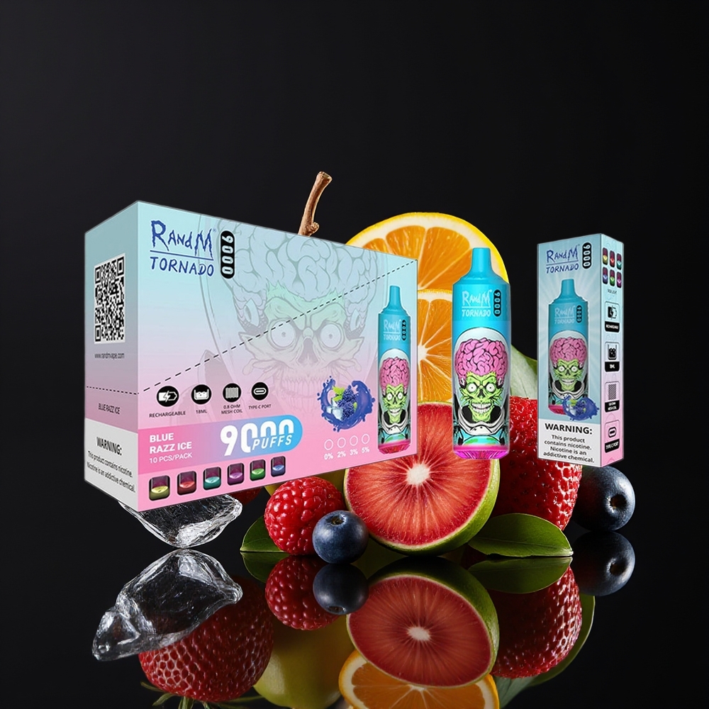 RandM Fumot Tornado 9000 Puffs Rechargeable 18mL Mesh RGB Black Dragon Ice Disposable Vape