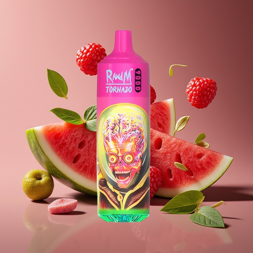 RandM Fumot Tornado 9000 Puffs Rechargeable 18mL Mesh RGB Raspberry Watermelon Disposable Vape