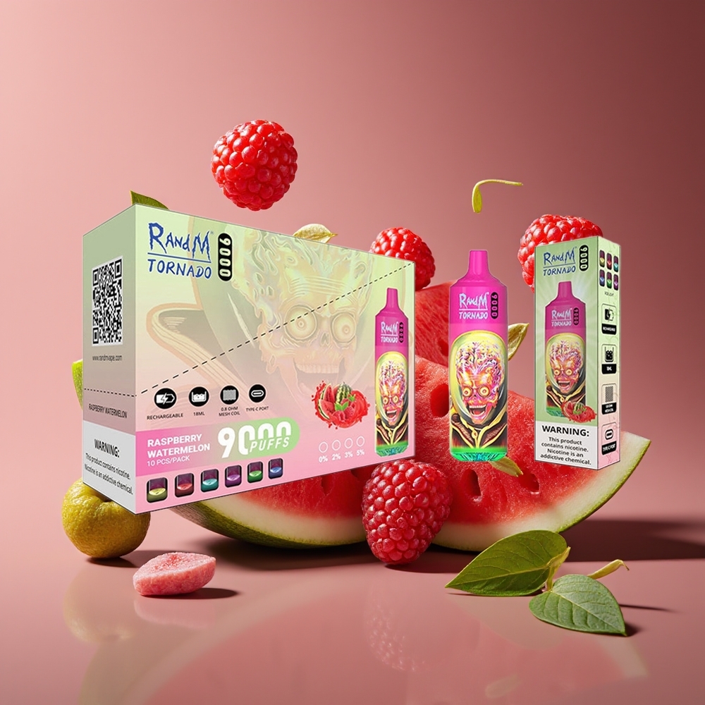 RandM Fumot Tornado 9000 Puffs Rechargeable 18mL Mesh RGB Raspberry Watermelon Disposable Vape