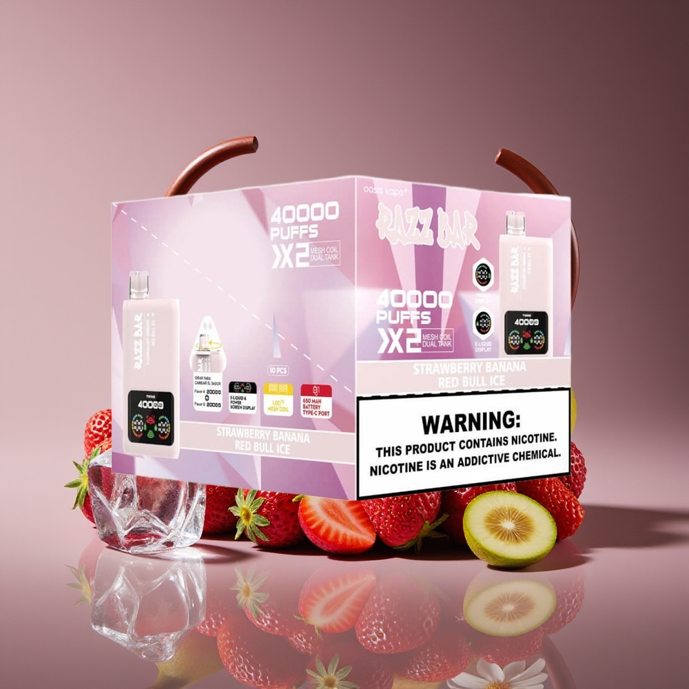 Razz Bar 40000 Puffs Disposable Vape - Strawberry Banana Red Bull Ice Power Screen 10Ohm 2 Mesh 650mAh Type-C 2/5 Nicotine