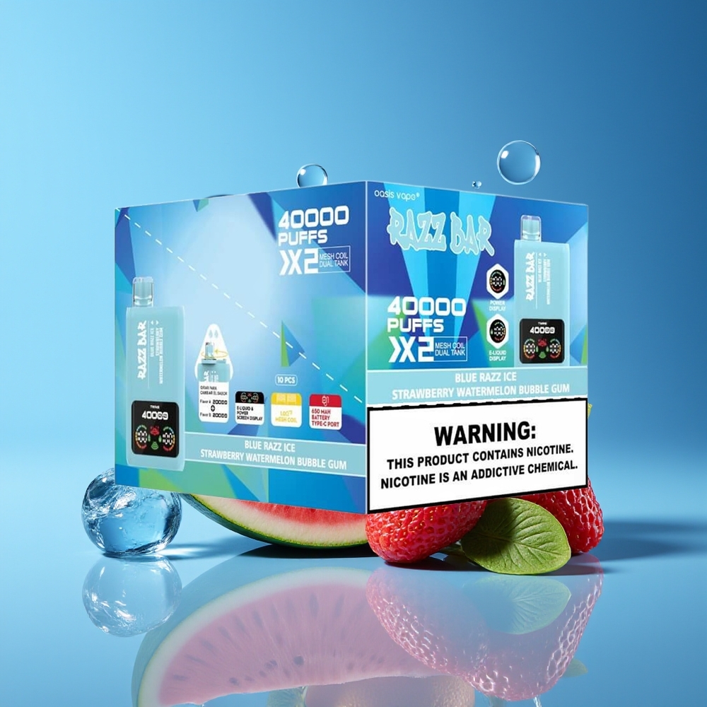 Razz Bar 40000 Puffs Disposable Vape Blue Razz Ice-Strawberry Watermelon Bubble Gum with Power Screen Display  Mesh Coil