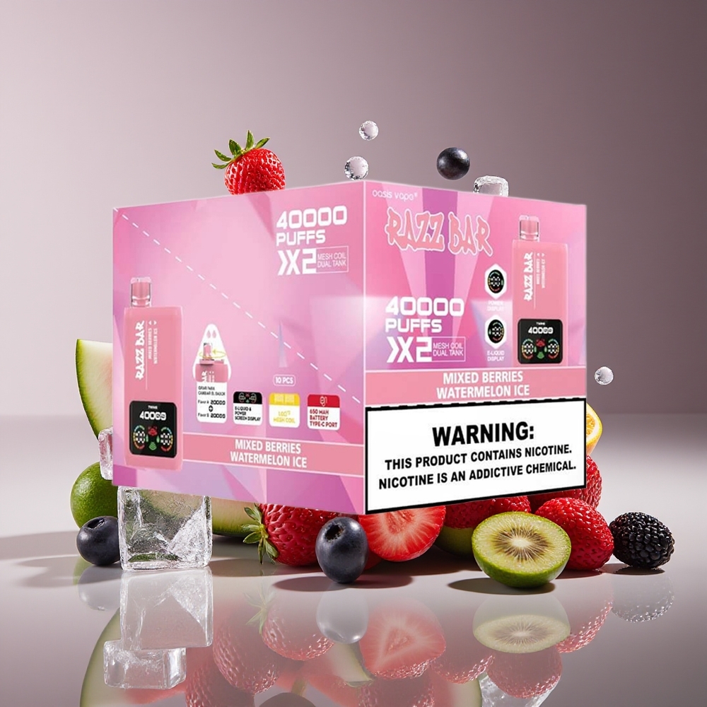 Razz Bar 40000 Puffs Power Screen Display 10Ohm 2 Mesh Coil Disposable Vape Mixed Berries Watermelon Ice