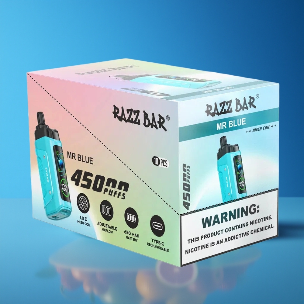 Razz Bar 45000 Puffs Adjustable Airflow 10 Ohm Mesh Disposable Vape Mr Blue