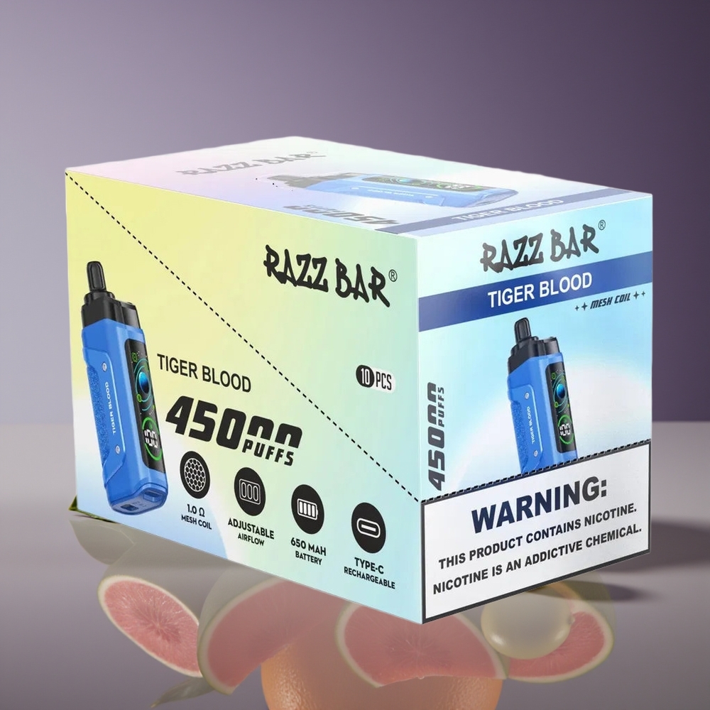 Razz Bar 45000 Puffs Disposable Vape Tiger Blood Mesh Coil Adjustable Airflow Type-C