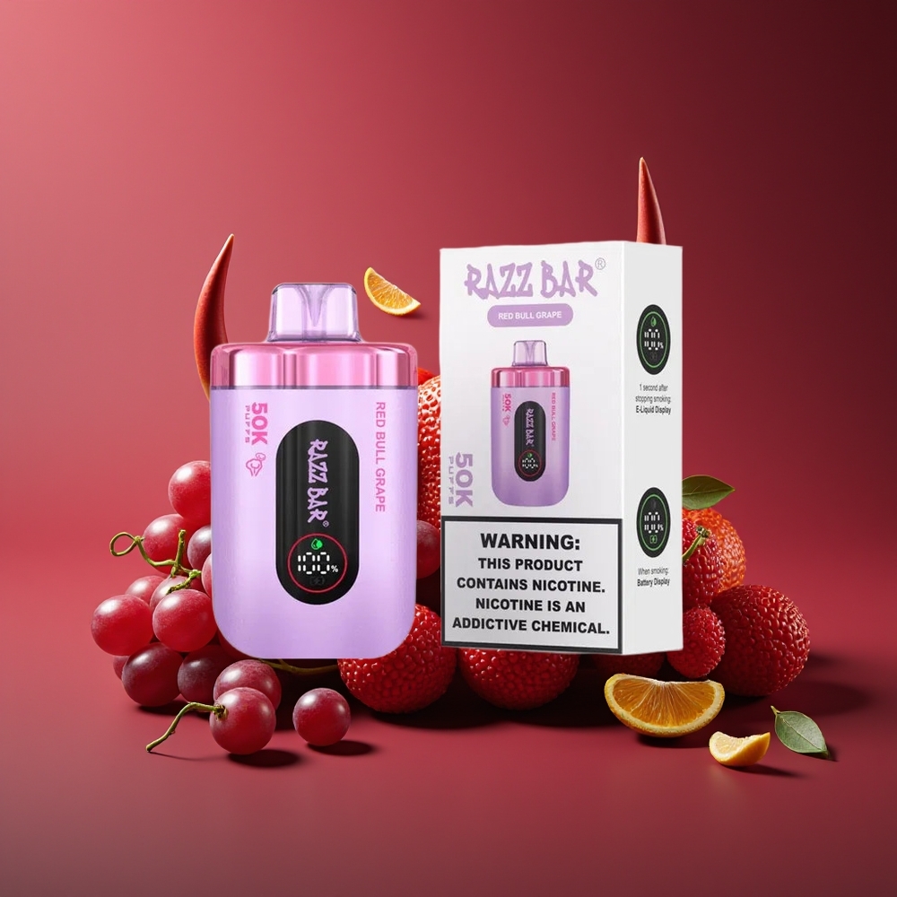 Razz Bar 50K 50000 Puffs Disposable Vape Red Bull Grape 10 Ohm Mesh 650mAh Type-C 2 Nicotine