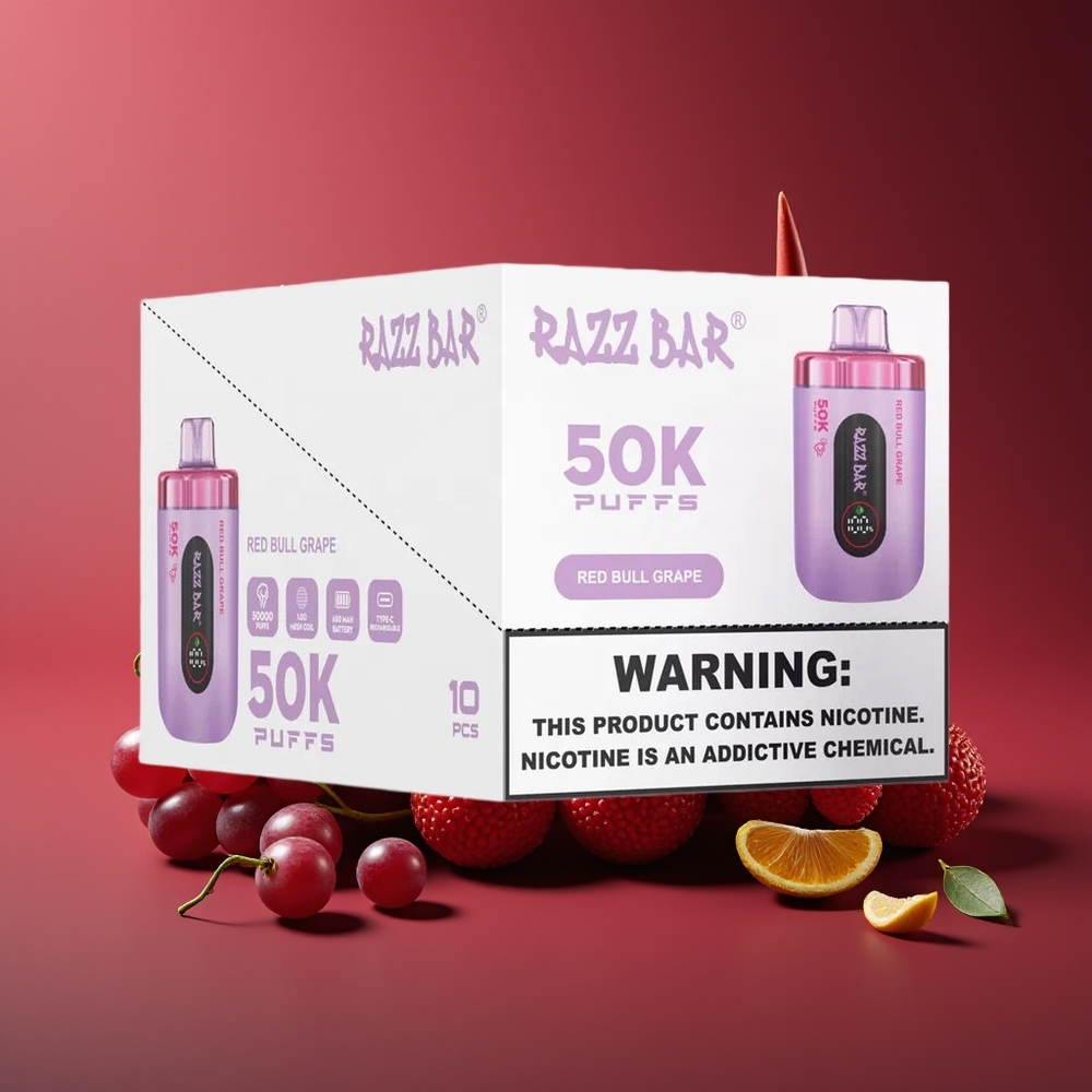 Razz Bar 50K 50000 Puffs Disposable Vape Red Bull Grape 10 Ohm Mesh 650mAh Type-C 2 Nicotine
