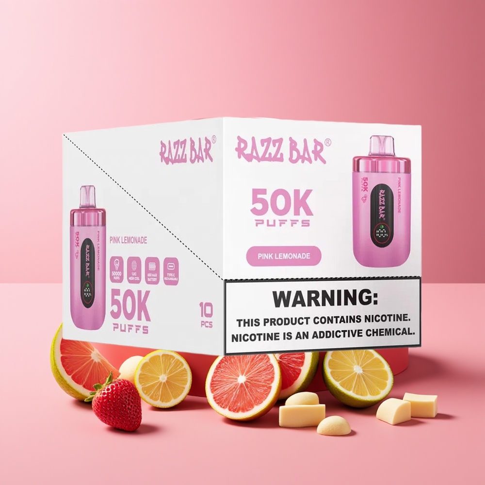 Razz Bar 50K Puffs 10 Ohm Mesh 650mAh Type-C Disposable Vape Pink Lemonade