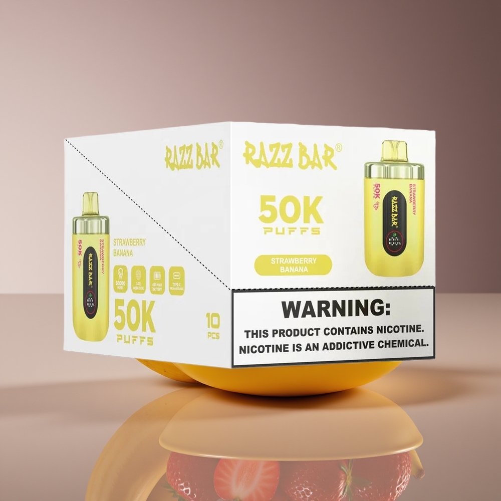 Razz Bar 50K Puffs 10 Ohm Mesh 650mAh Type-C Disposable Vape Strawberry Banana