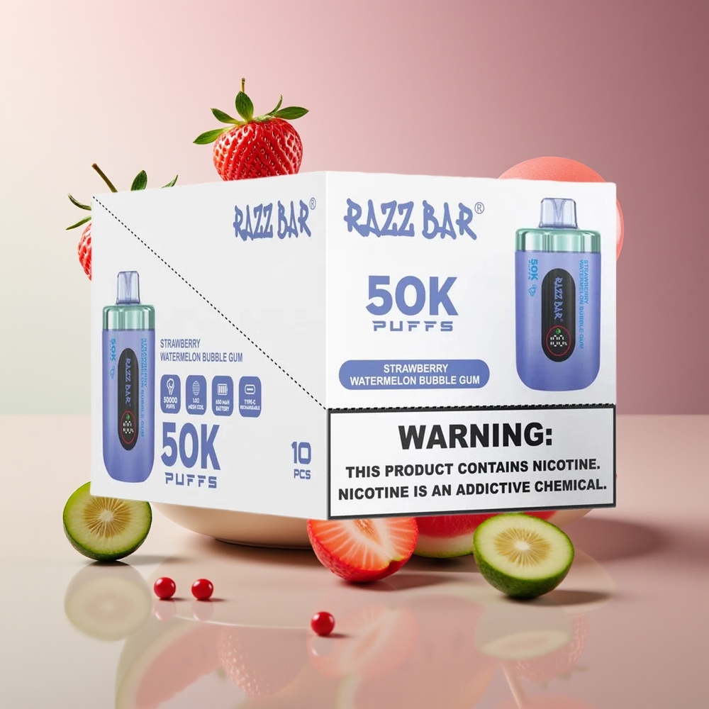 Razz Bar 50K Puffs 10 Ohm Mesh 650mAh Type-C Disposable Vape Strawberry Watermelon Bubble Gum