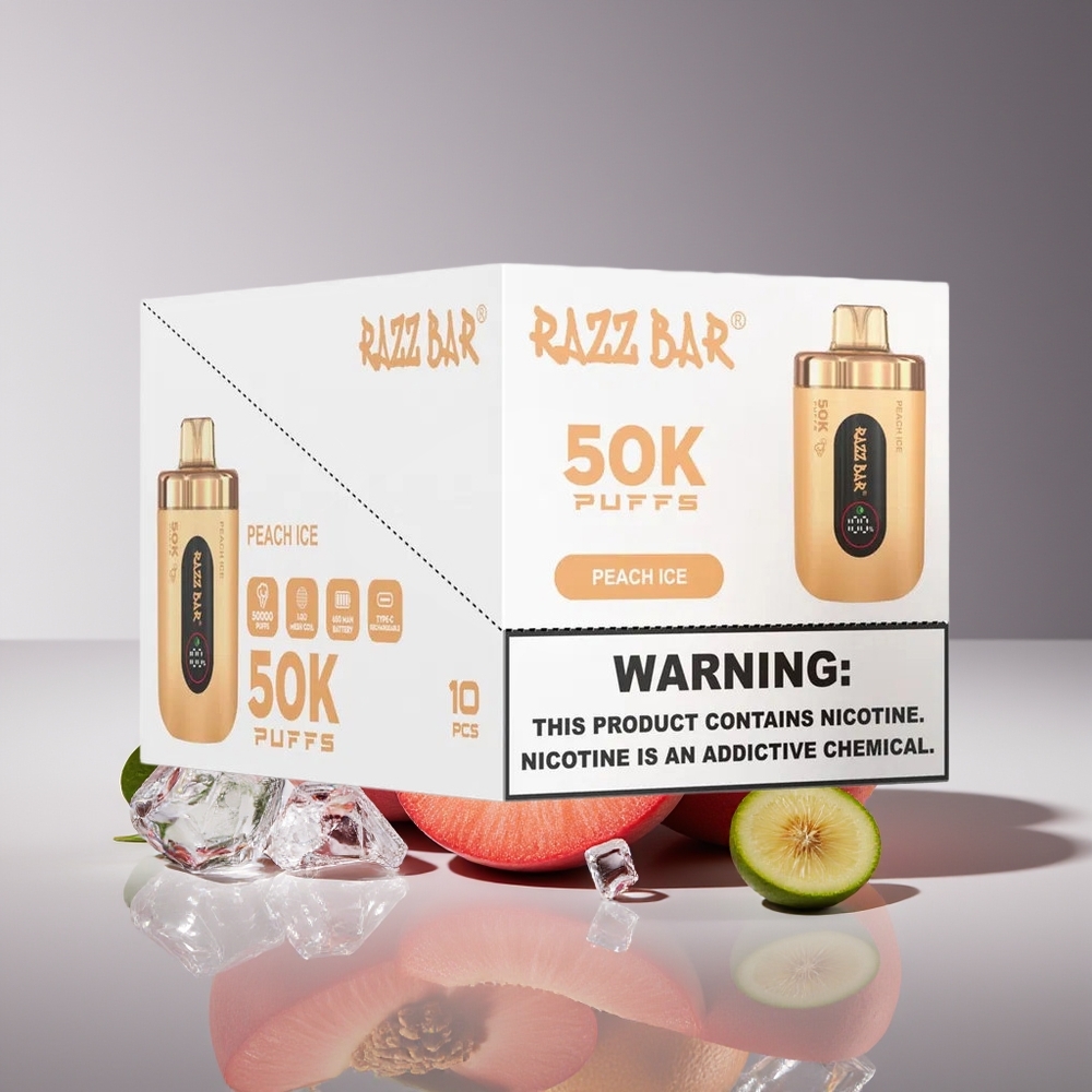 Razz Bar 50K Puffs 10 Ohm Mesh 650mAh Type-C Peach Ice Disposable Vape