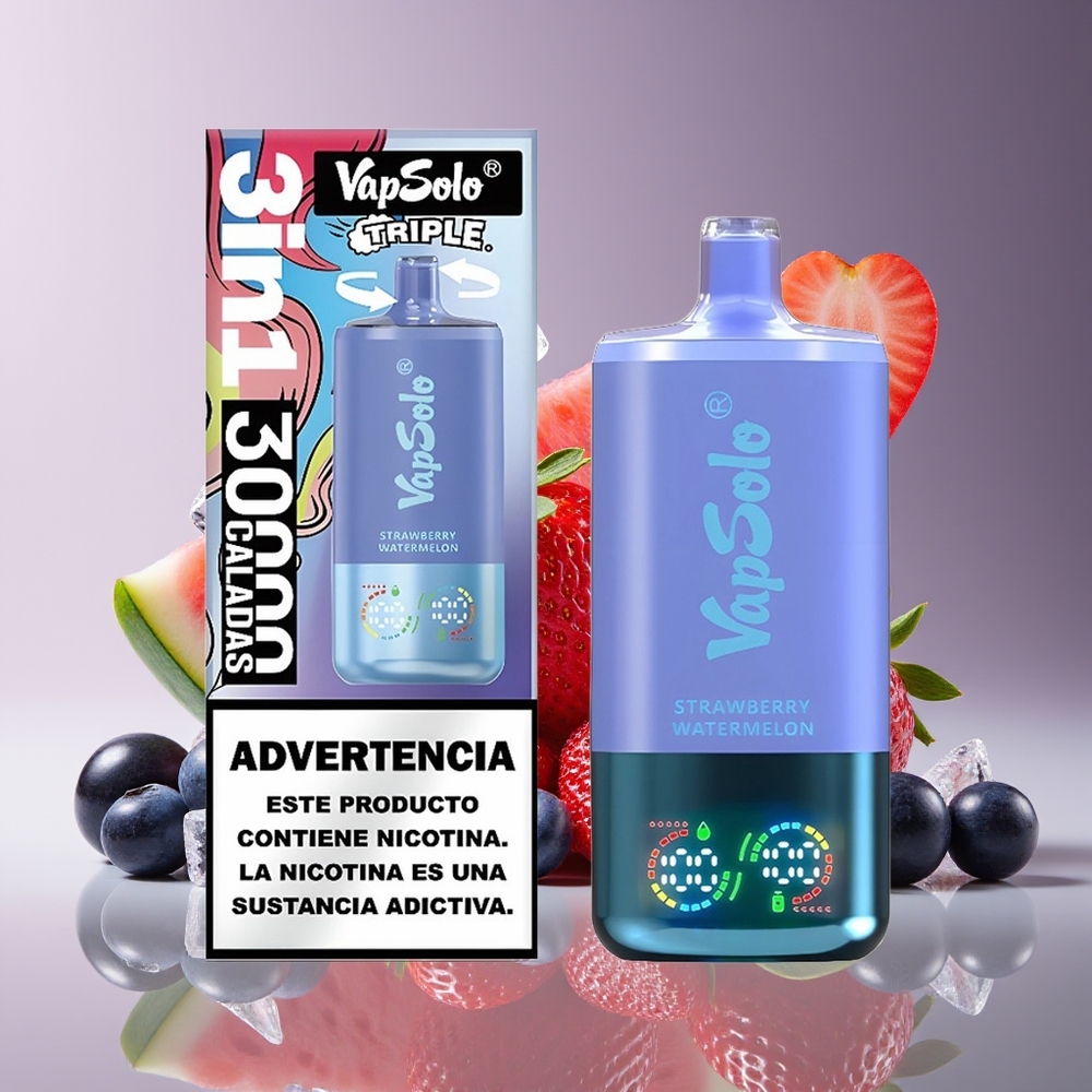 Vapsolo Triple 30000 Puffs 40ml 3 Oil Tanks Type-C Strawberry Watermelon  Blueberry Ice
