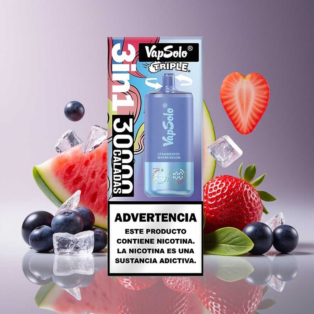Vapsolo Triple 30000 Puffs 40ml 3 Oil Tanks Type-C Strawberry Watermelon  Blueberry Ice