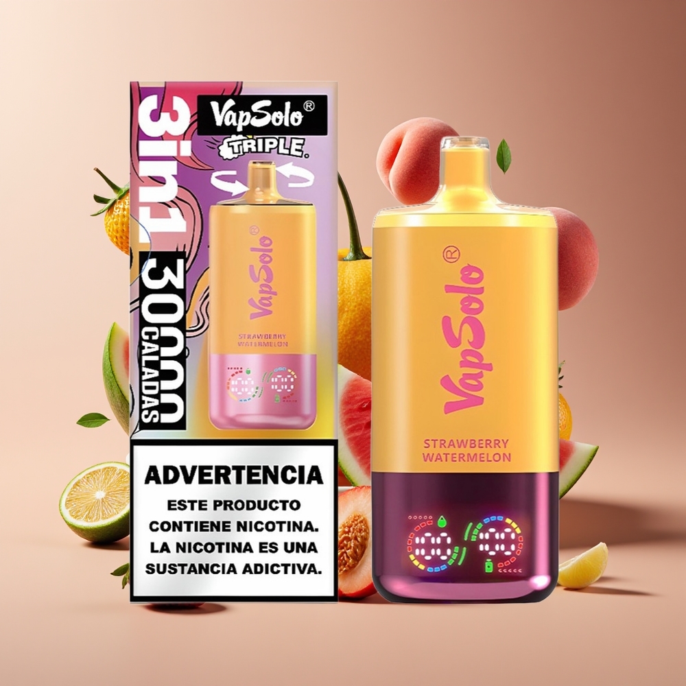 Vapsolo Triple 30000 Puffs 40ml 3-Tank Strawberry Watermelon  Lemon Peach Disposable Vape
