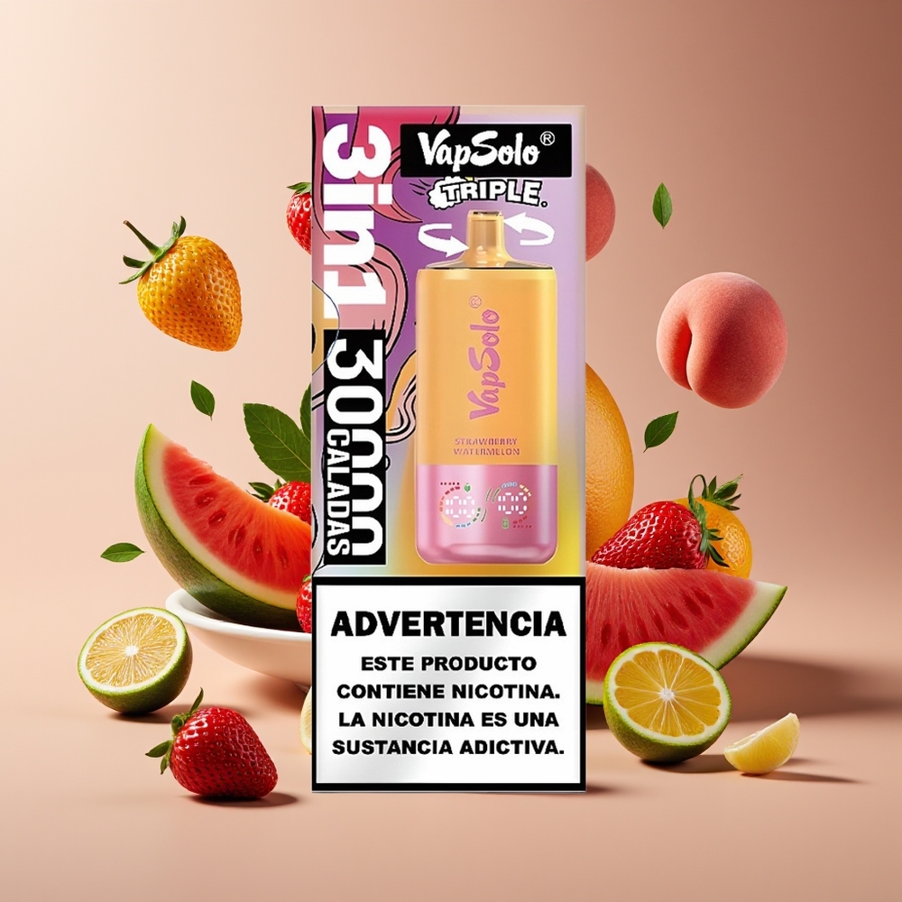 Vapsolo Triple 30000 Puffs 40ml 3-Tank Strawberry Watermelon  Lemon Peach Disposable Vape