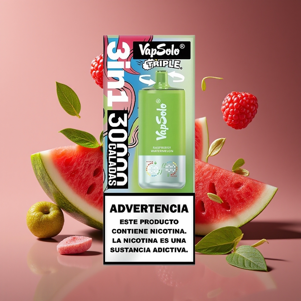 Vapsolo Triple 30000 Puffs 40ml 3-Tank Type-C Disposable Vape Raspberry Watermelon