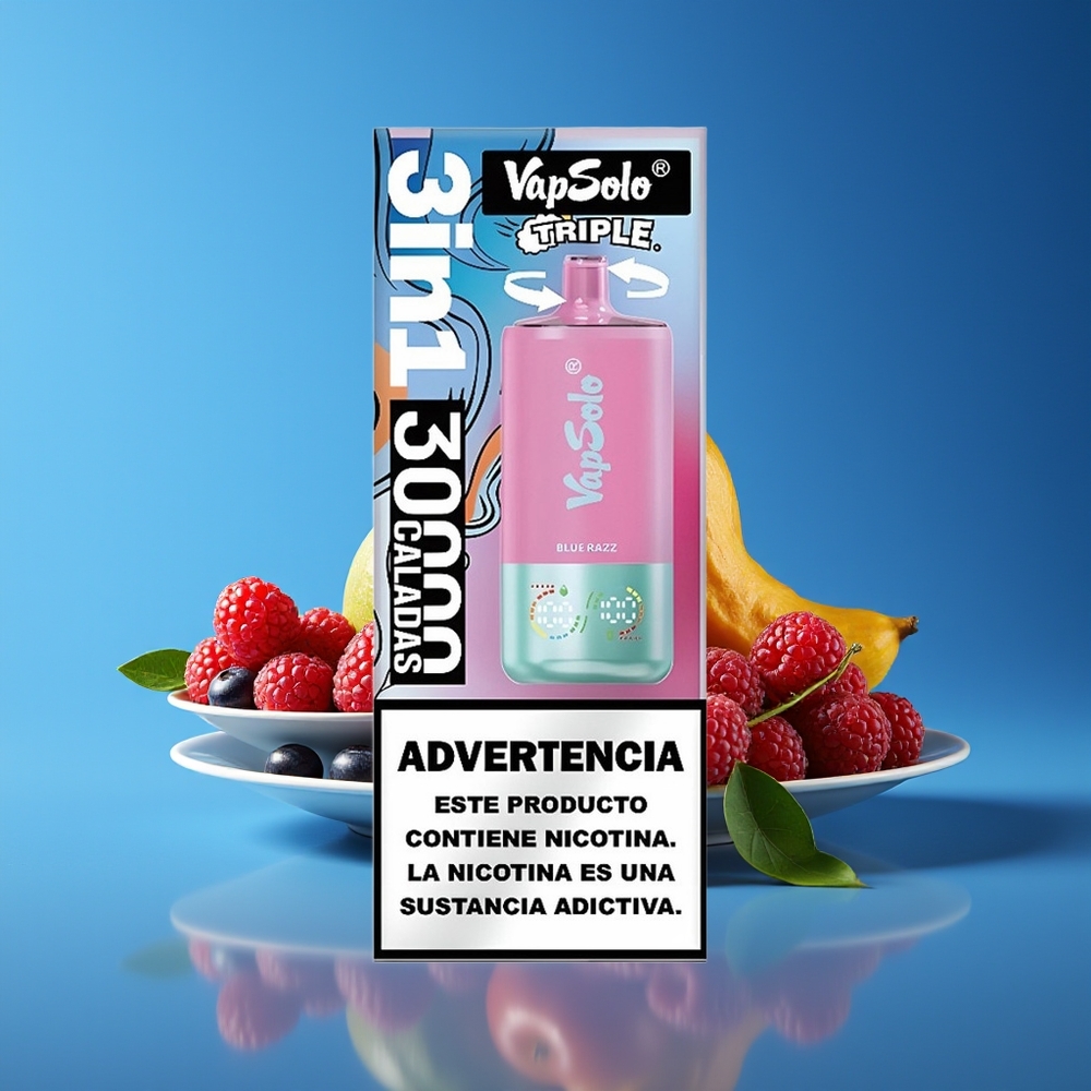 Vapsolo Triple 30000 Puffs 40ml Type-C 3-Tank Disposable Vape Blue Razz